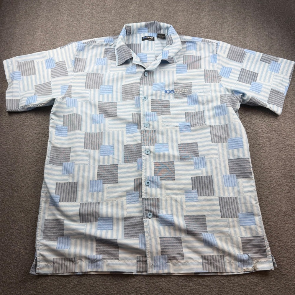 Icewear Button Down Shirt Men's XL‎ Blue Geometric Patchwork Short Sleeve Y2K